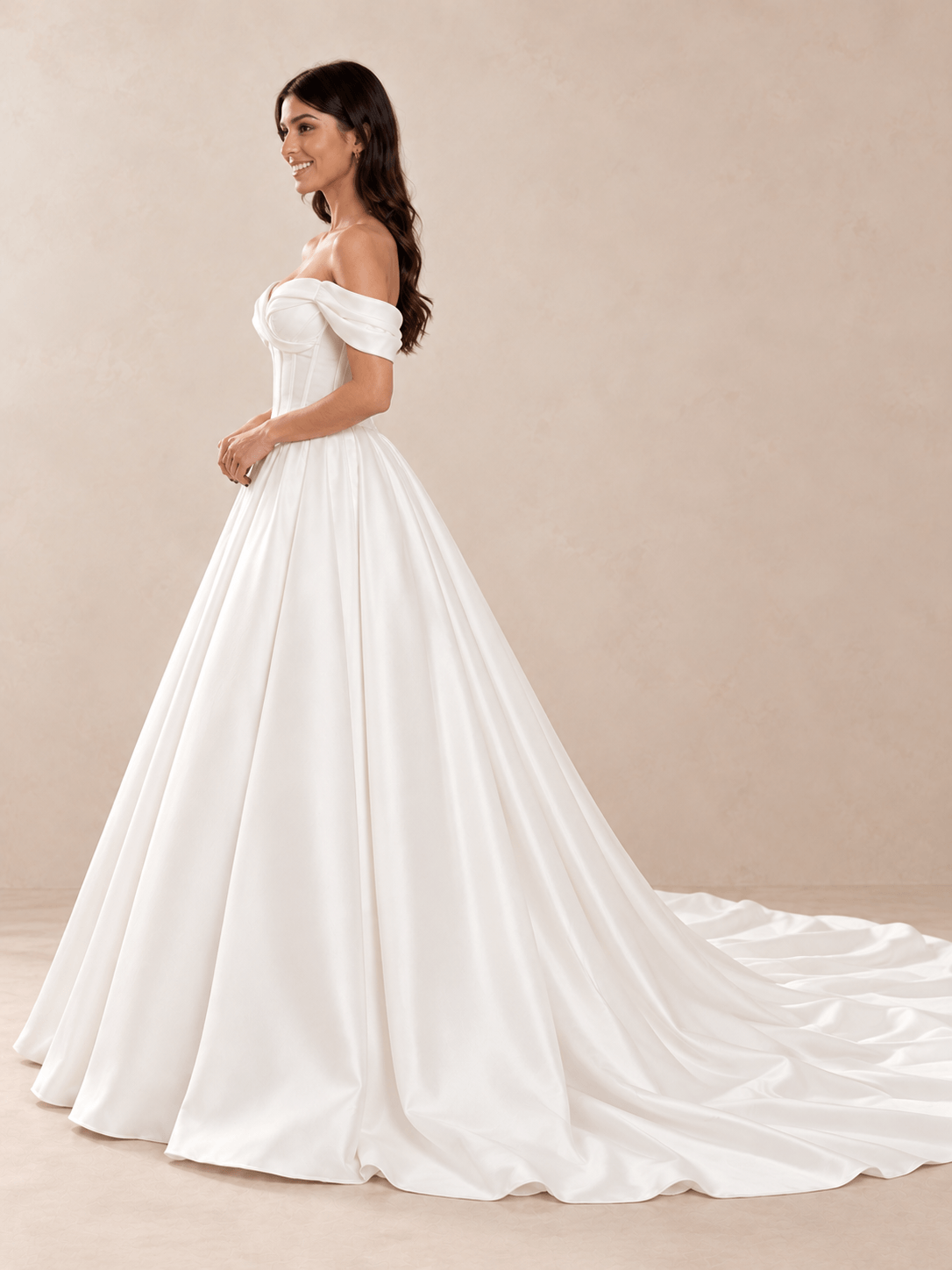 Off-the-Shoulder Satin Mikado Ball Gown Wedding Dress with Draped Corset