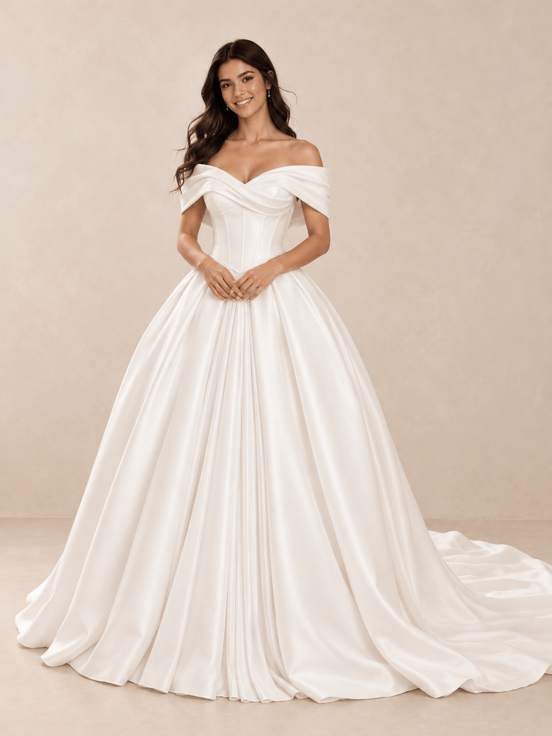 Off-the-Shoulder Satin Mikado Ball Gown Wedding Dress with Draped Corset