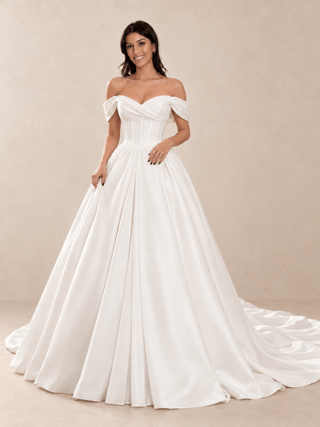 Off-the-Shoulder Satin Mikado Ball Gown Wedding Dress with Draped Corset