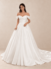 Off-the-Shoulder Satin Mikado Ball Gown Wedding Dress with Draped Corset