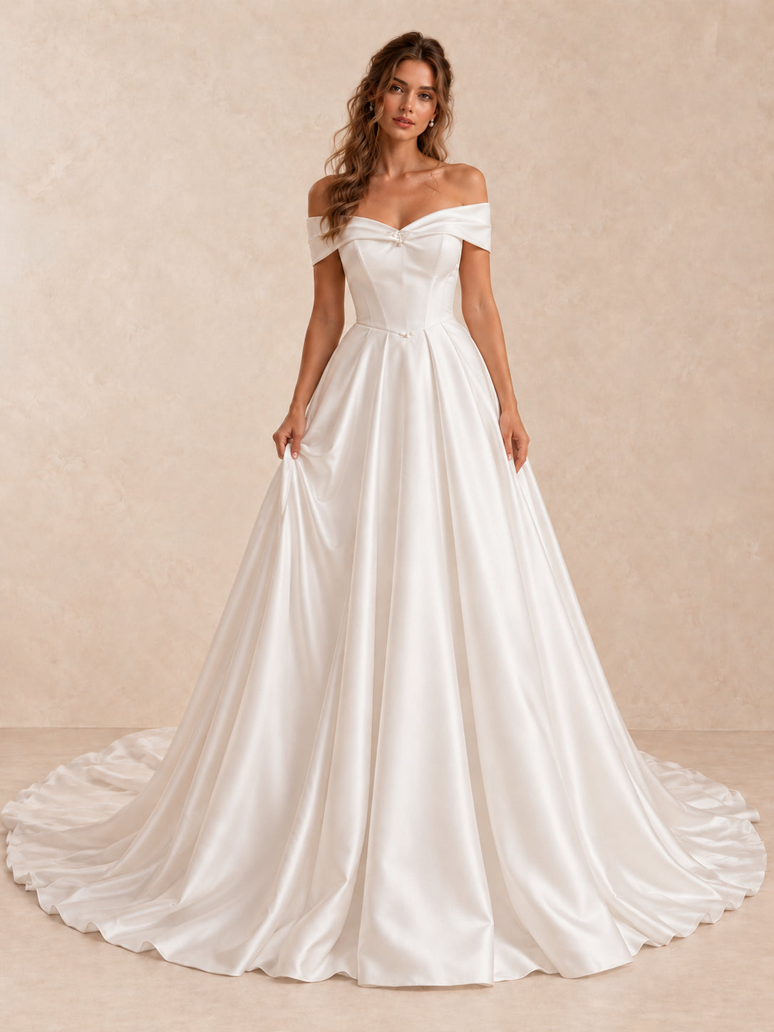 Off-the-Shoulder Satin Sleeveless Wedding Dress with Chapel Train