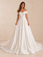 Off-the-Shoulder Satin Sleeveless Wedding Dress with Chapel Train