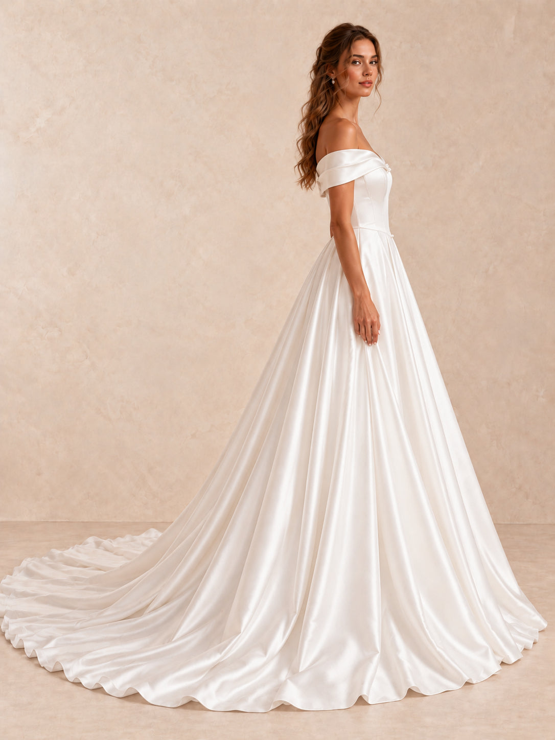 Off-the-Shoulder Satin Sleeveless Wedding Dress with Chapel Train