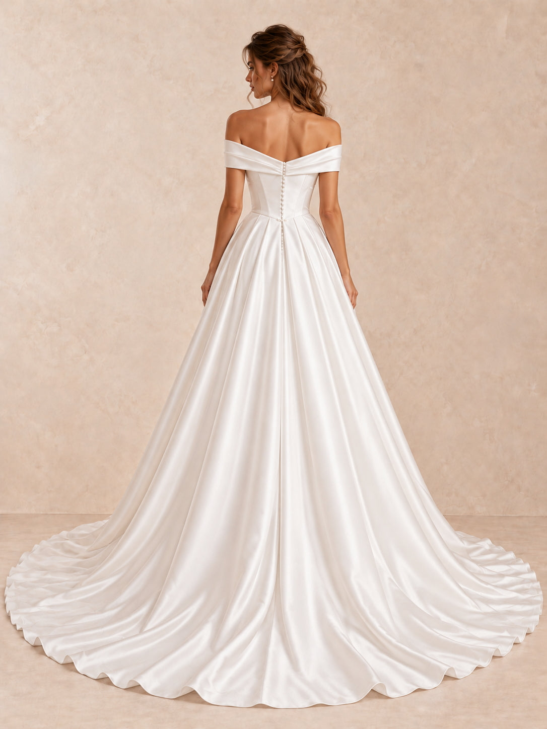 Off-the-Shoulder Satin Sleeveless Wedding Dress with Chapel Train