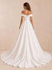 Off-the-Shoulder Satin Sleeveless Wedding Dress with Chapel Train