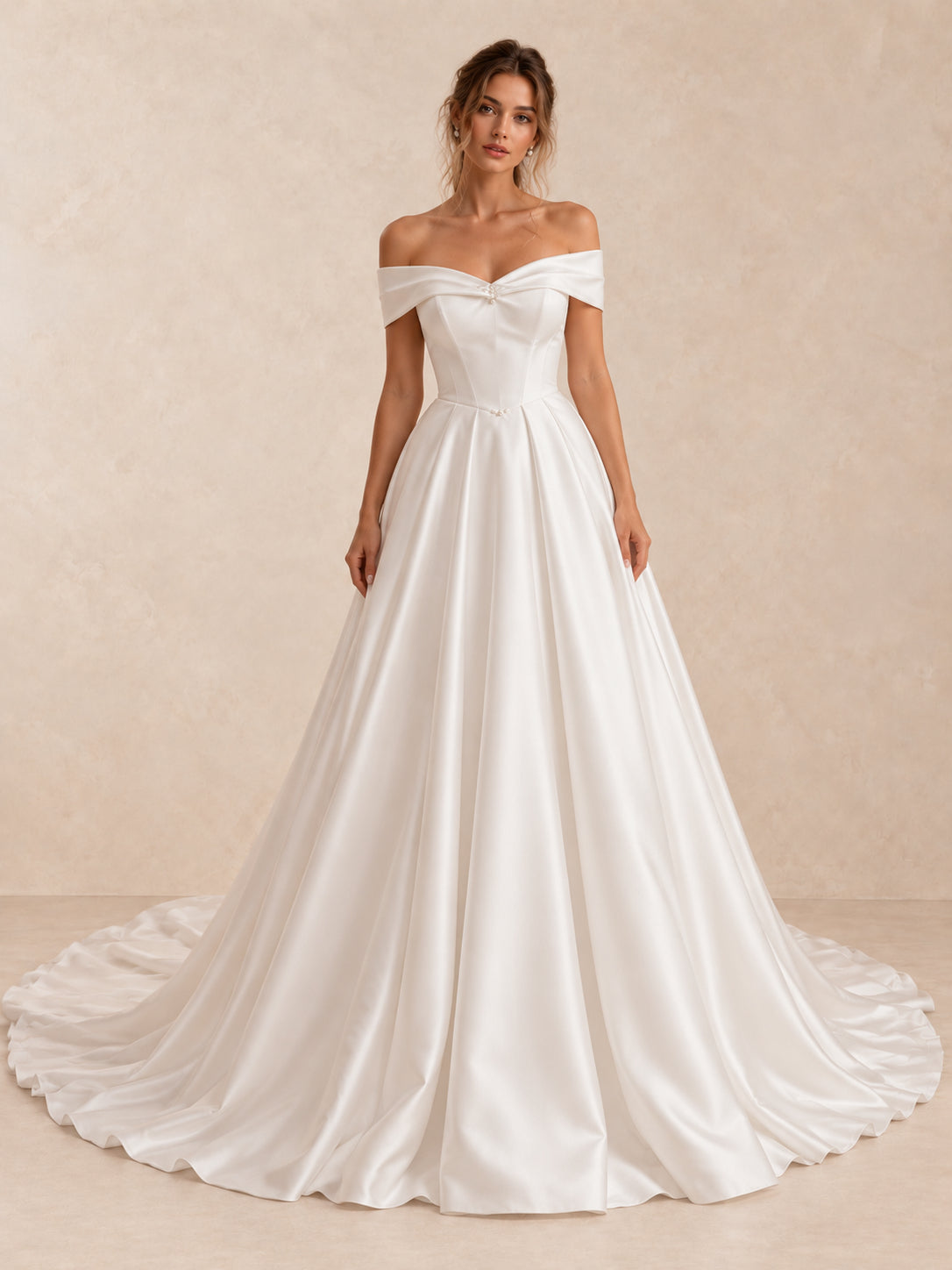 Off-the-Shoulder Satin Sleeveless Wedding Dress with Chapel Train