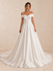 Off-the-Shoulder Satin Sleeveless Wedding Dress with Chapel Train
