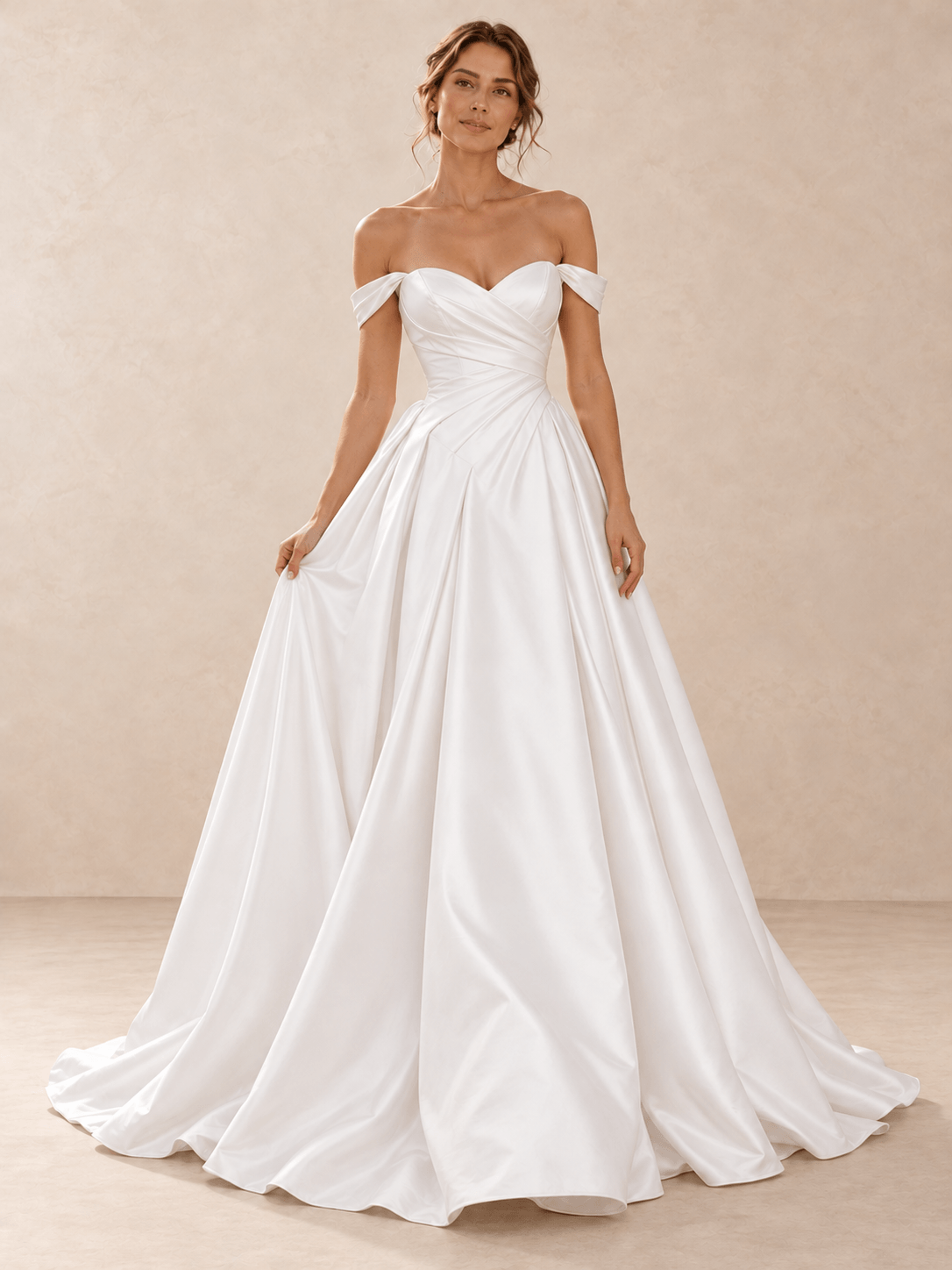 Off-the-Shoulder Satin Sweetheart Wedding Dress with Draped Bodice