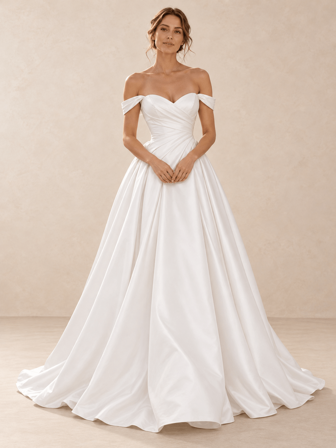 Off-the-Shoulder Satin Sweetheart Wedding Dress with Draped Bodice