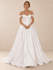 Off-the-Shoulder Satin Sweetheart Wedding Dress with Draped Bodice
