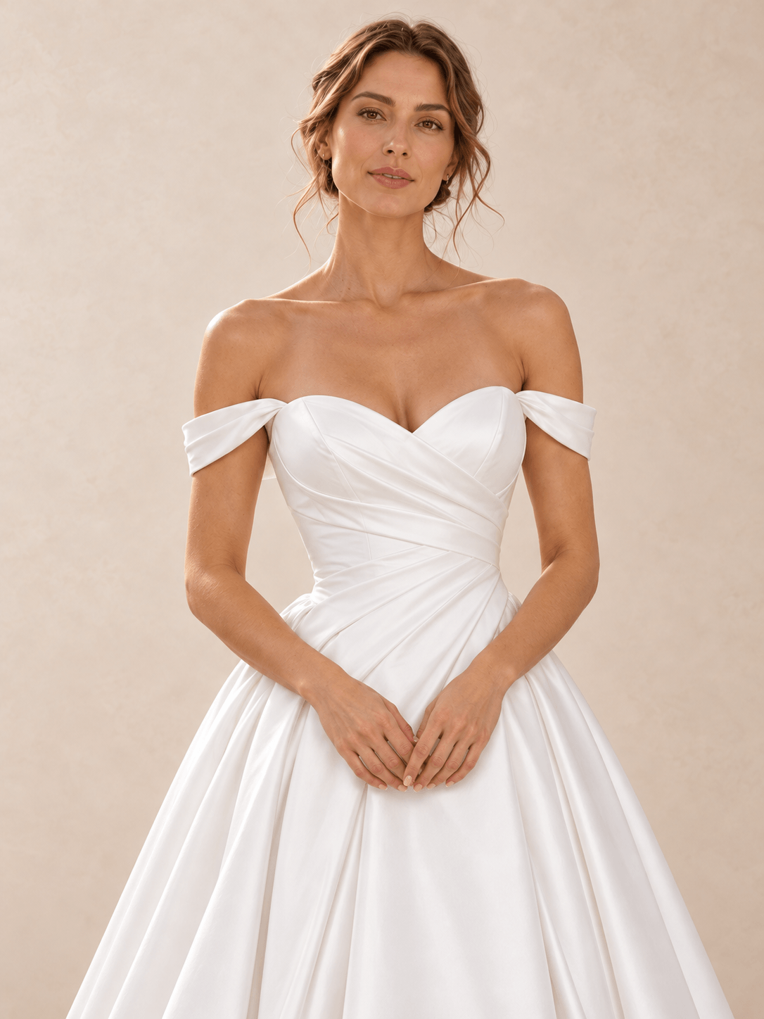 Off-the-Shoulder Satin Sweetheart Wedding Dress with Draped Bodice