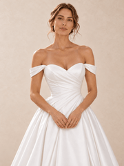 Off-the-Shoulder Satin Sweetheart Wedding Dress with Draped Bodice