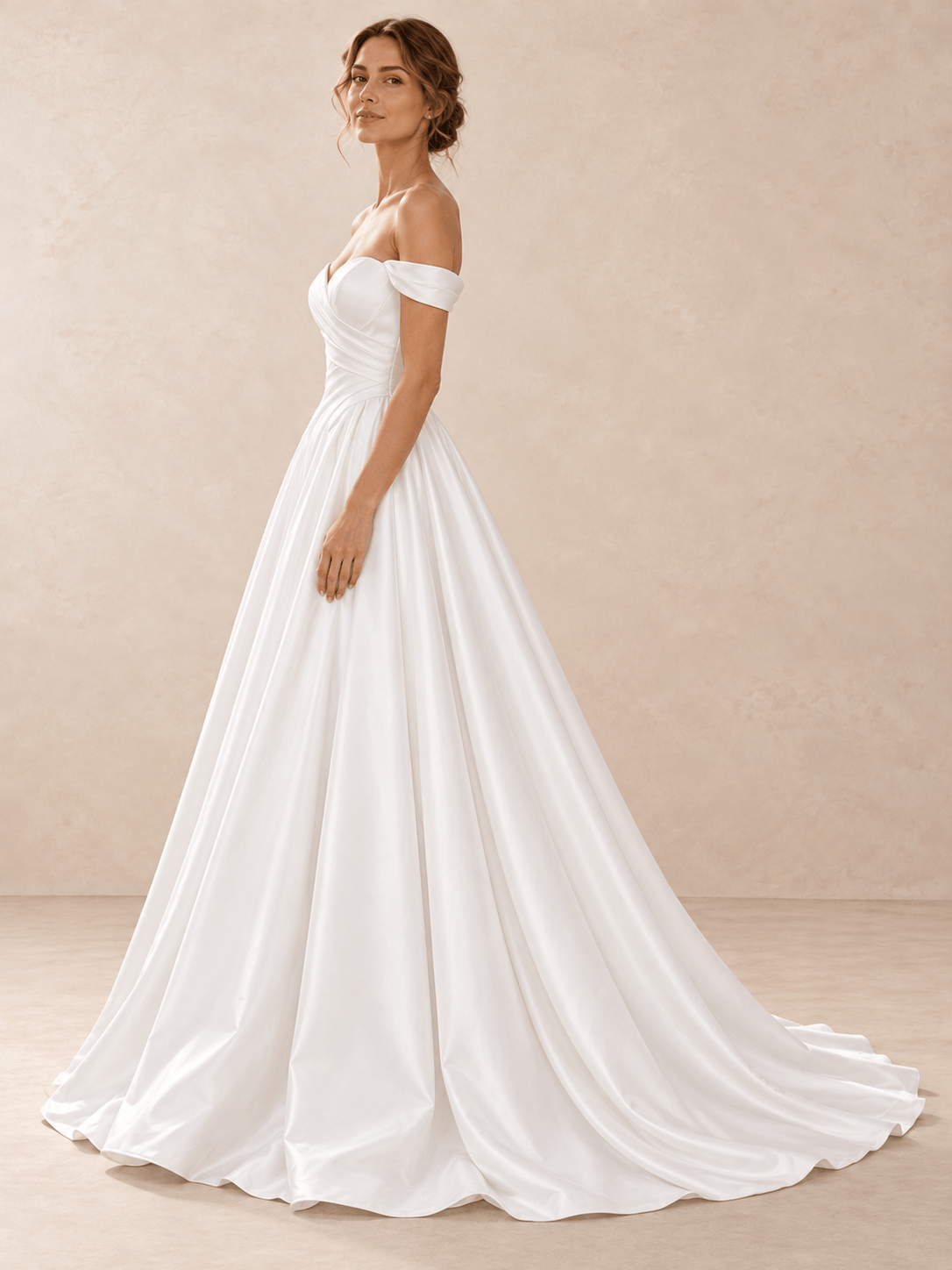 Off-the-Shoulder Satin Sweetheart Wedding Dress with Draped Bodice