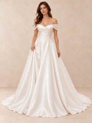 Off-the-Shoulder Satin Wedding Dress with Pearl Accents