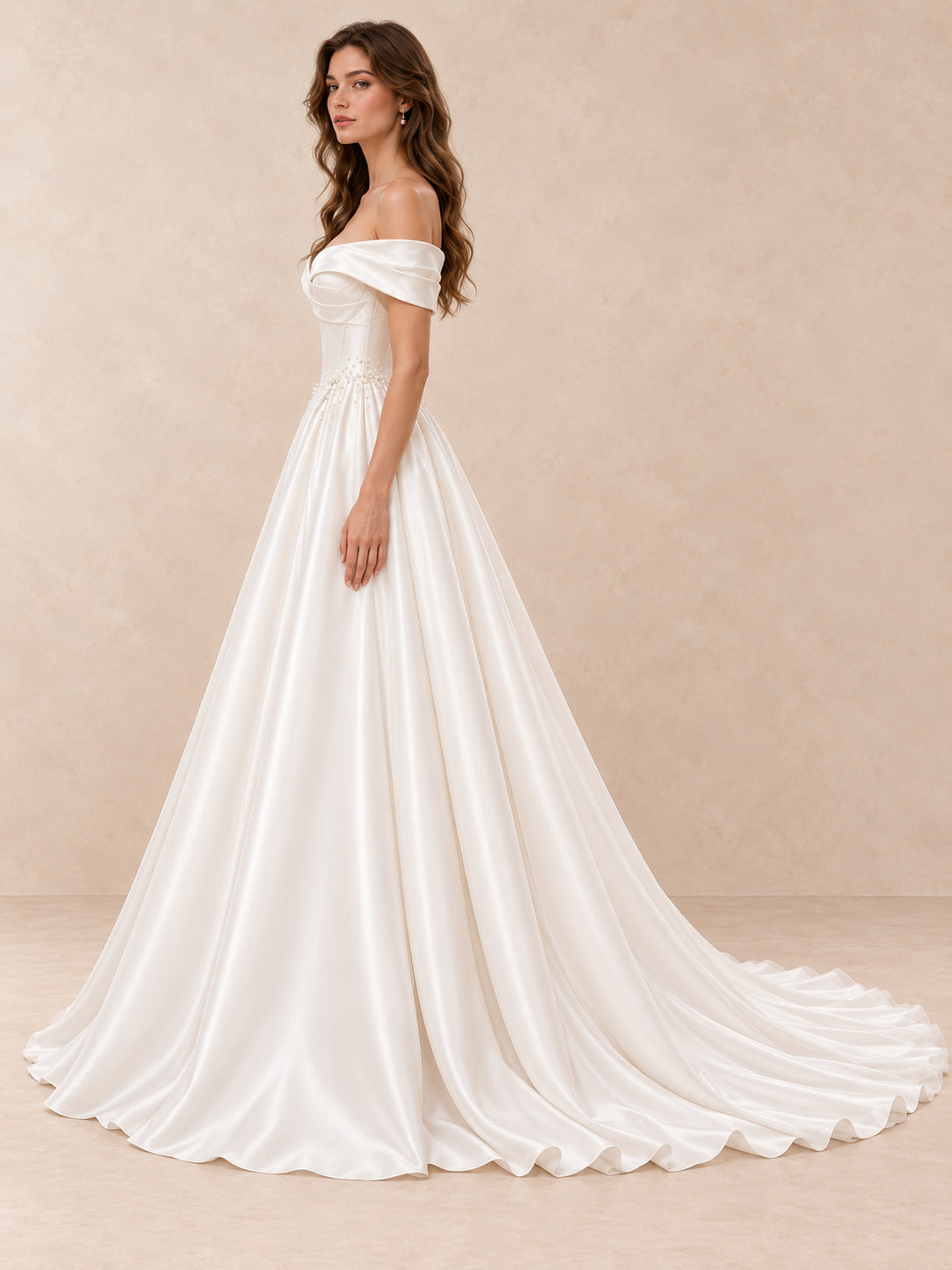 Off-the-Shoulder Satin Wedding Dress with Pearl Accents