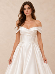 Off-the-Shoulder Satin Wedding Dress with Pearl Accents
