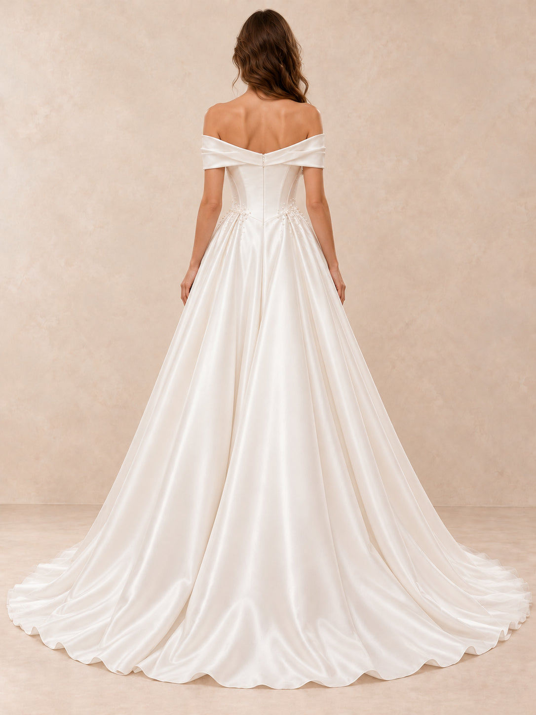 Off-the-Shoulder Satin Wedding Dress with Pearl Accents