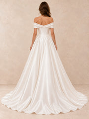 Off-the-Shoulder Satin Wedding Dress with Pearl Accents