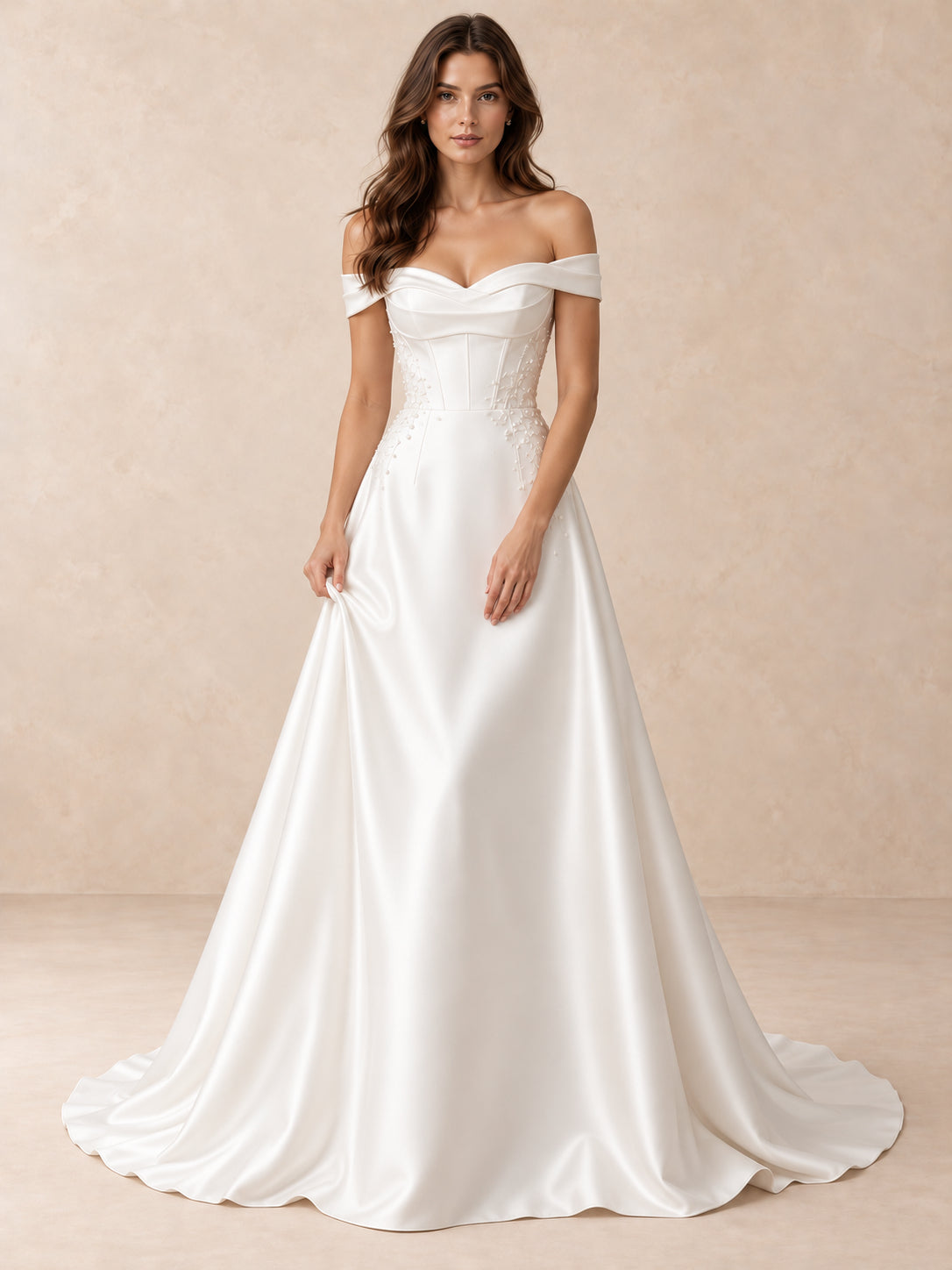 Off-the-Shoulder Satin Wedding Dress with Pearl Accents and Embroidered Appliqués