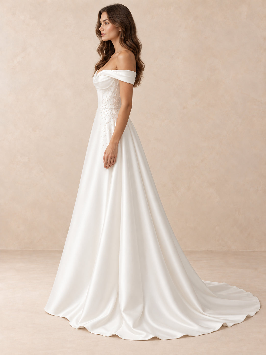 Off-the-Shoulder Satin Wedding Dress with Pearl Accents and Embroidered Appliqués