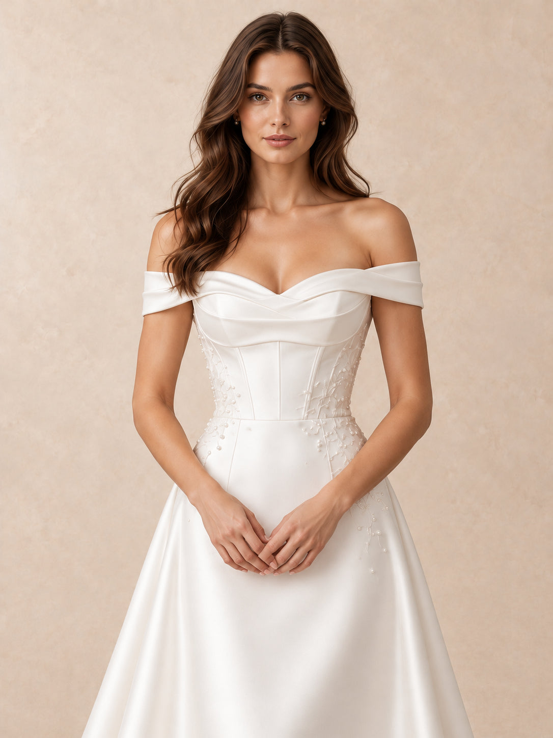 Off-the-Shoulder Satin Wedding Dress with Pearl Accents and Embroidered Appliqués