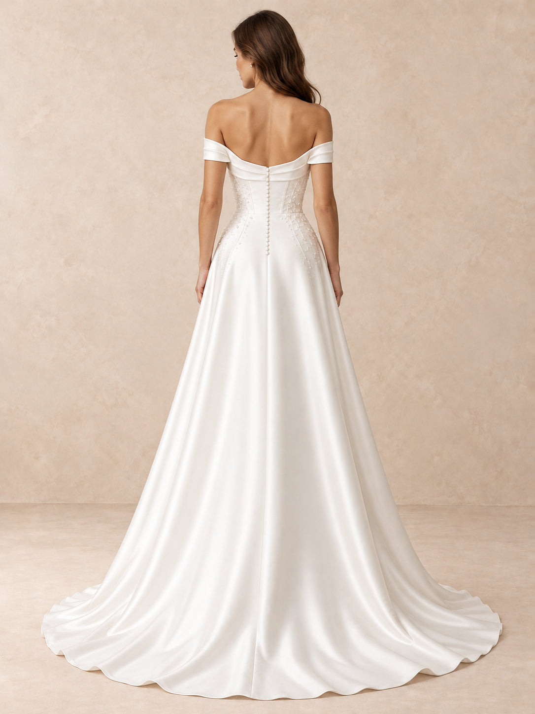 Off-the-Shoulder Satin Wedding Dress with Pearl Accents and Embroidered Appliqués