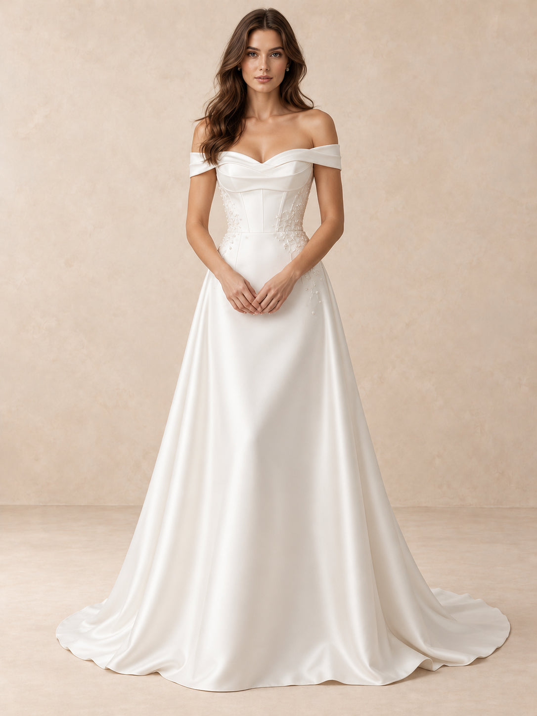 Off-the-Shoulder Satin Wedding Dress with Pearl Accents and Embroidered Appliqués