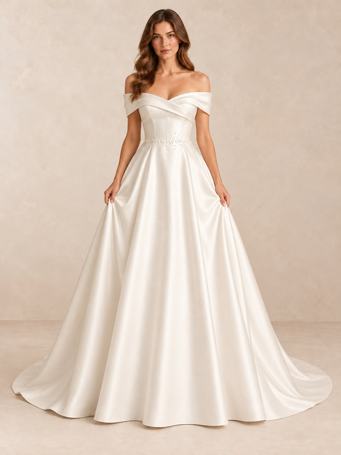Off-the-Shoulder Satin Wedding Dress with Pearl Accents and Sweep Train