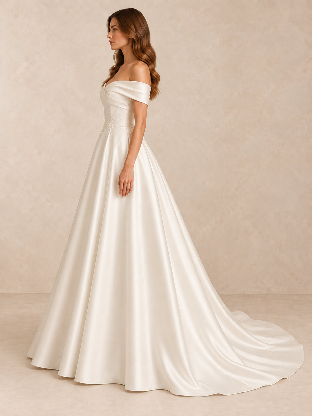 Off-the-Shoulder Satin Wedding Dress with Pearl Accents and Sweep Train