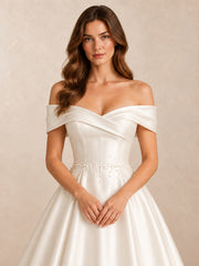 Off-the-Shoulder Satin Wedding Dress with Pearl Accents and Sweep Train