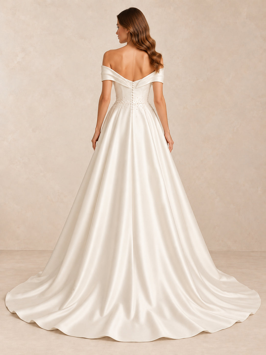 Off-the-Shoulder Satin Wedding Dress with Pearl Accents and Sweep Train