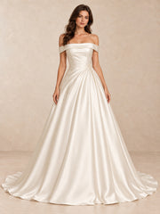 Off-the-Shoulder Satin Wedding Dress with Pearl Bead
