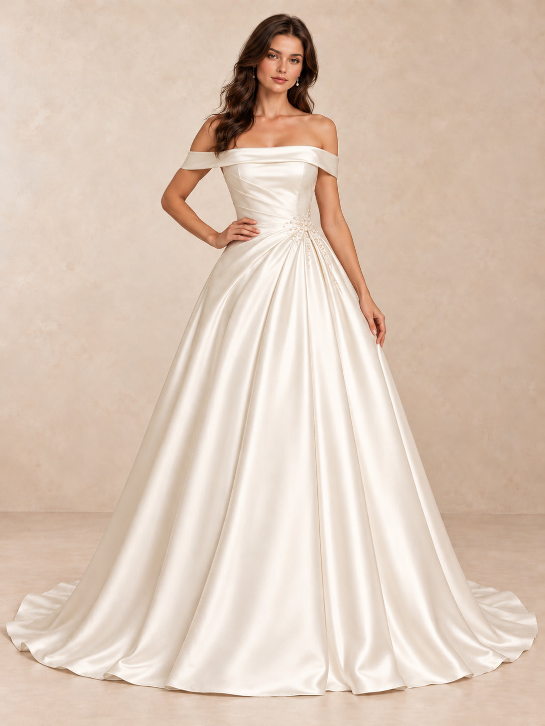 Off-the-Shoulder Satin Wedding Dress with Pearl Bead