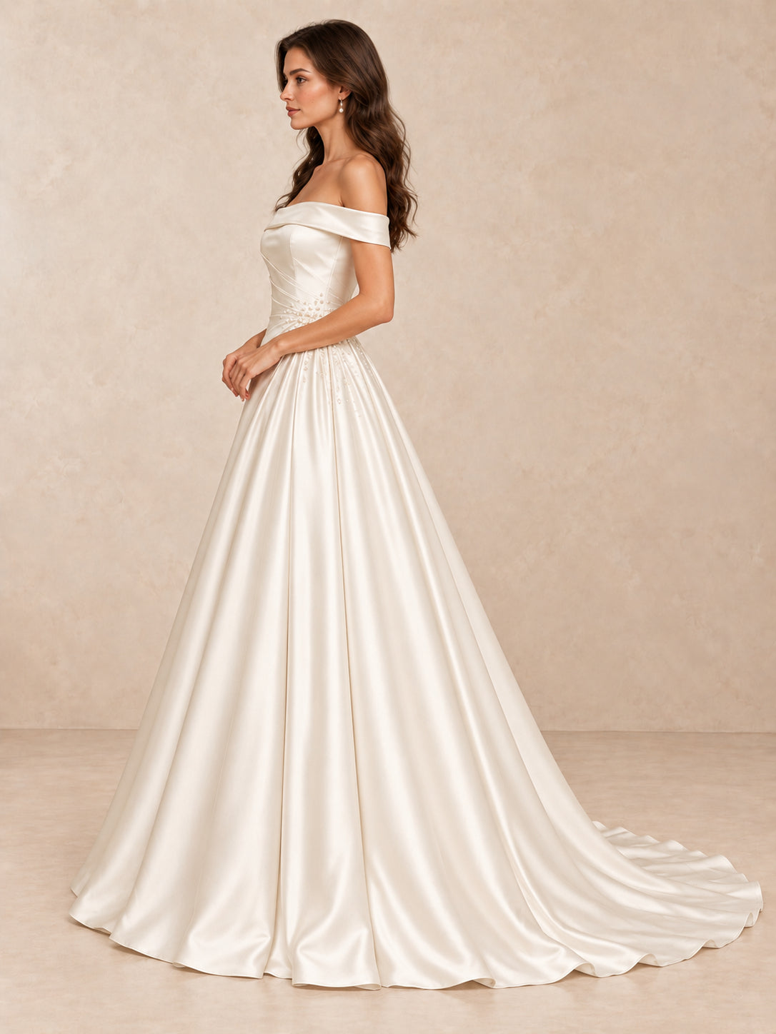 Off-the-Shoulder Satin Wedding Dress with Pearl Bead