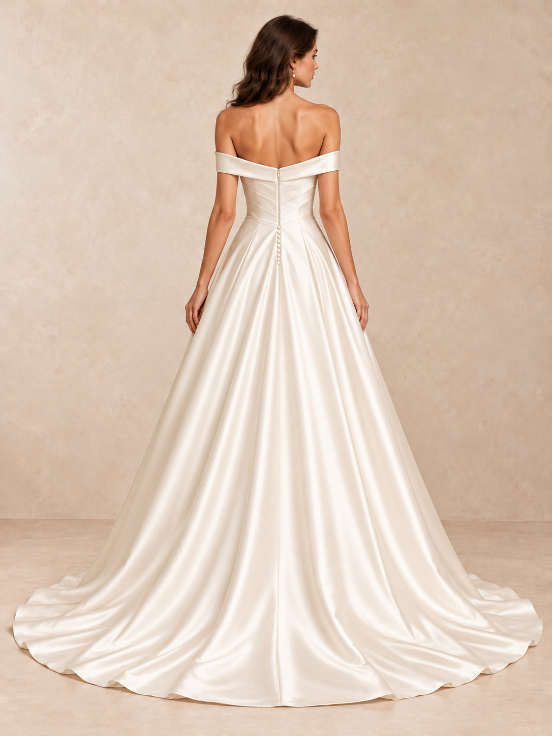 Off-the-Shoulder Satin Wedding Dress with Pearl Bead