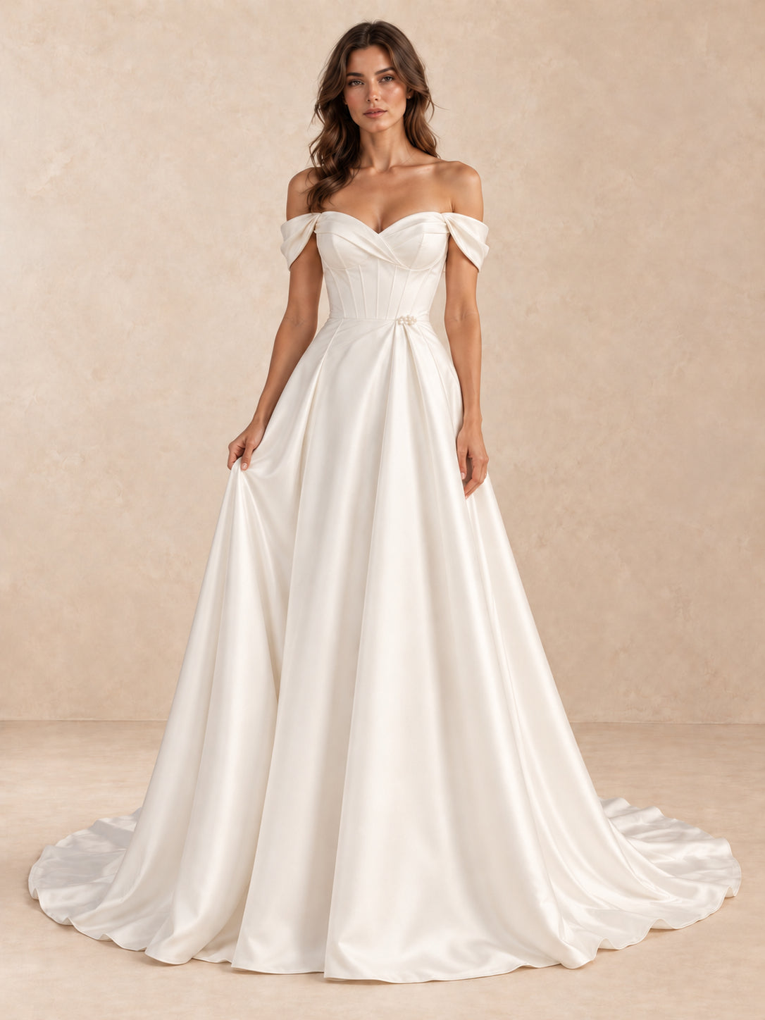 Off-the-Shoulder Satin Wedding Dress with Pearl Detail and Chapel Train