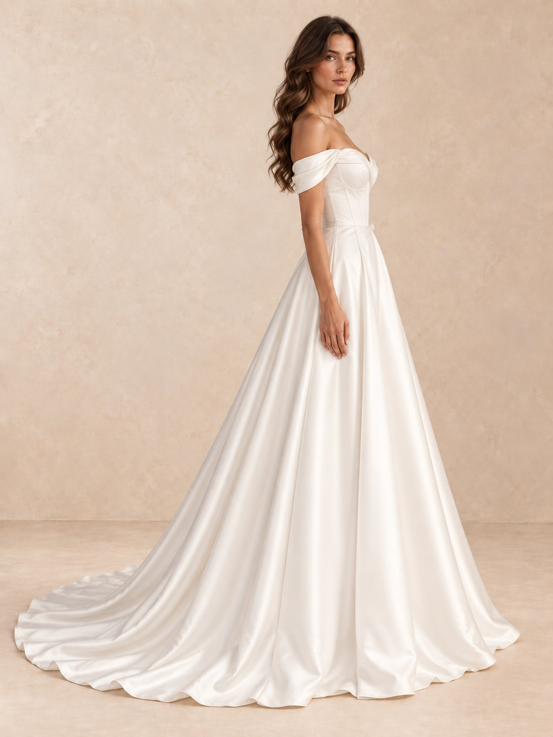 Off-the-Shoulder Satin Wedding Dress with Pearl Detail and Chapel Train