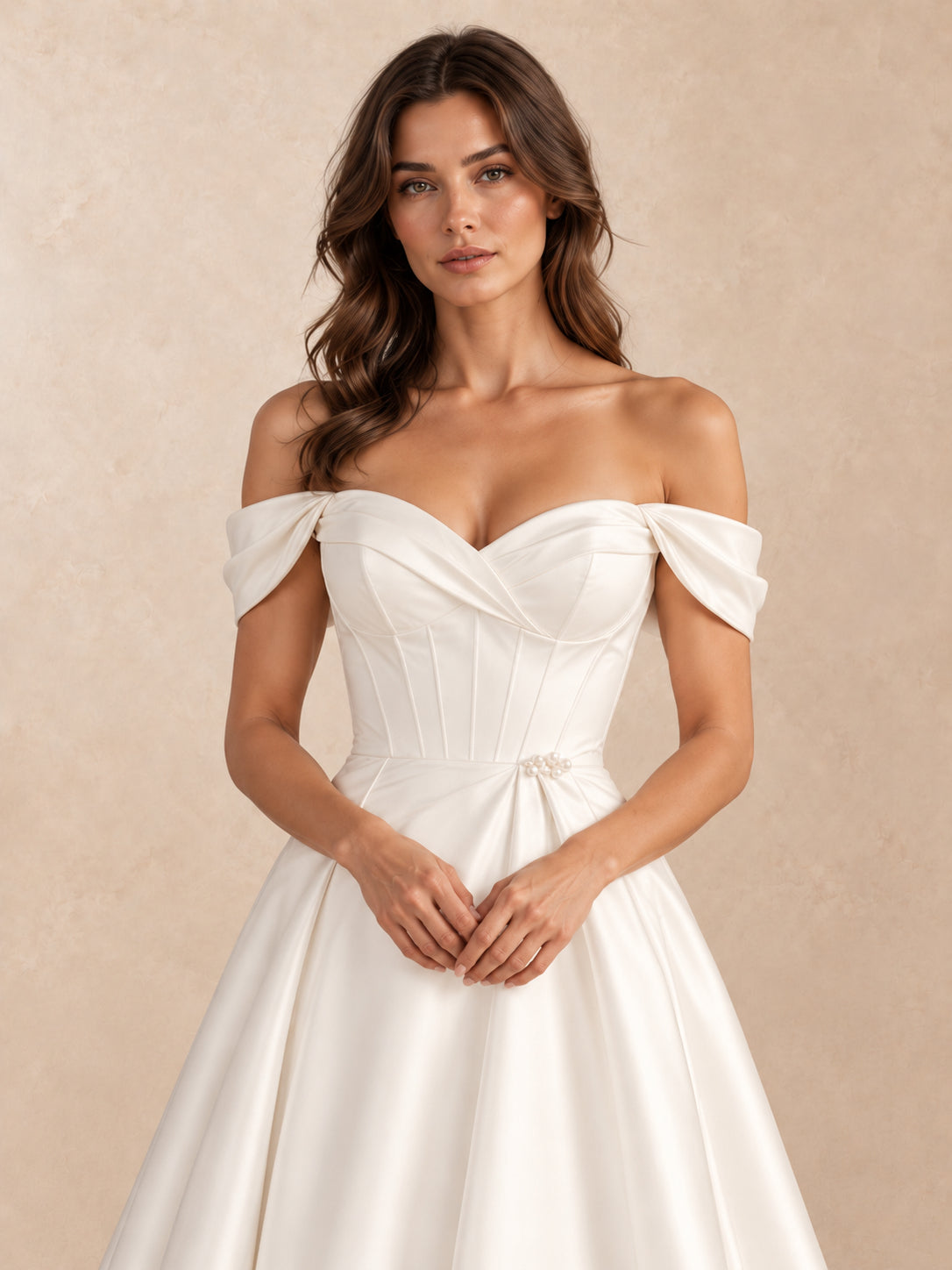 Off-the-Shoulder Satin Wedding Dress with Pearl Detail and Chapel Train