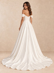 Off-the-Shoulder Satin Wedding Dress with Pearl Detail and Chapel Train