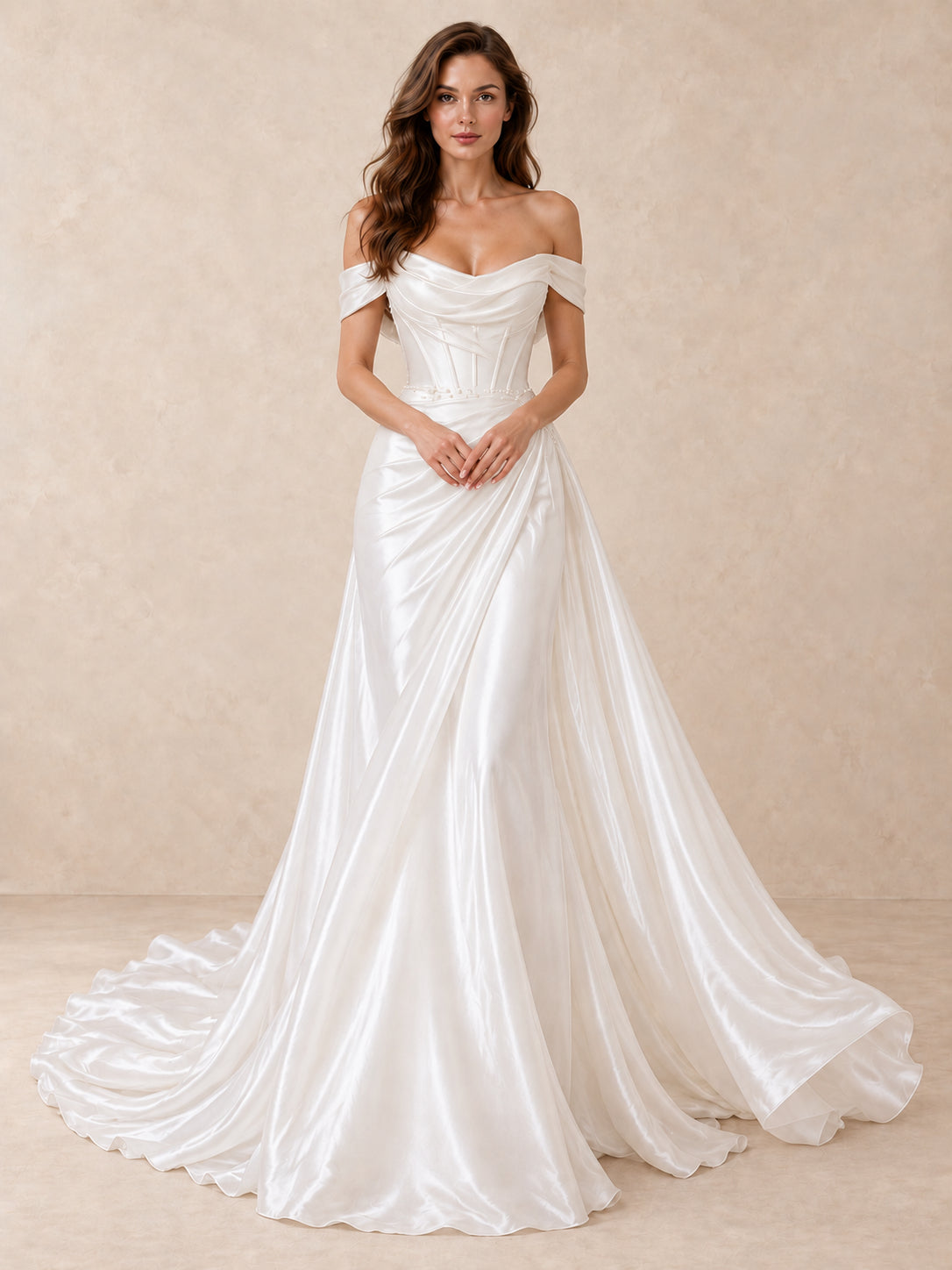 Off-the-Shoulder Satin Wedding Dress with Pearl Waist Detail and Sweeping Train