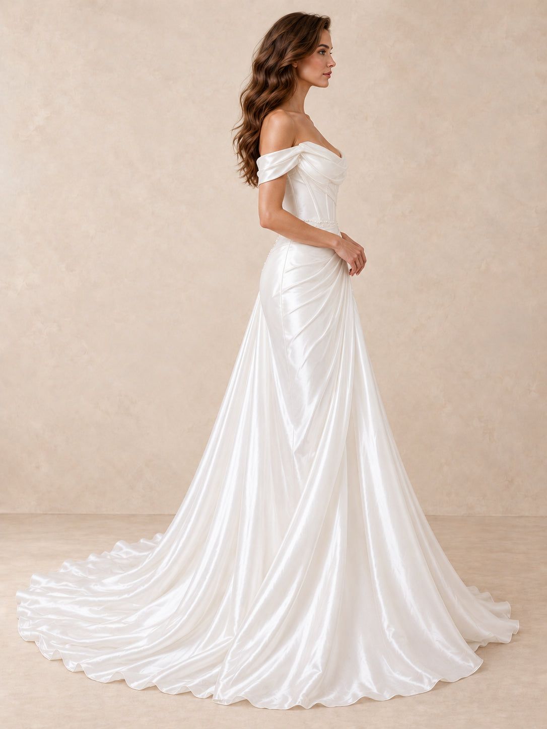 Off-the-Shoulder Satin Wedding Dress with Pearl Waist Detail and Sweeping Train