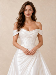 Off-the-Shoulder Satin Wedding Dress with Pearl Waist Detail and Sweeping Train