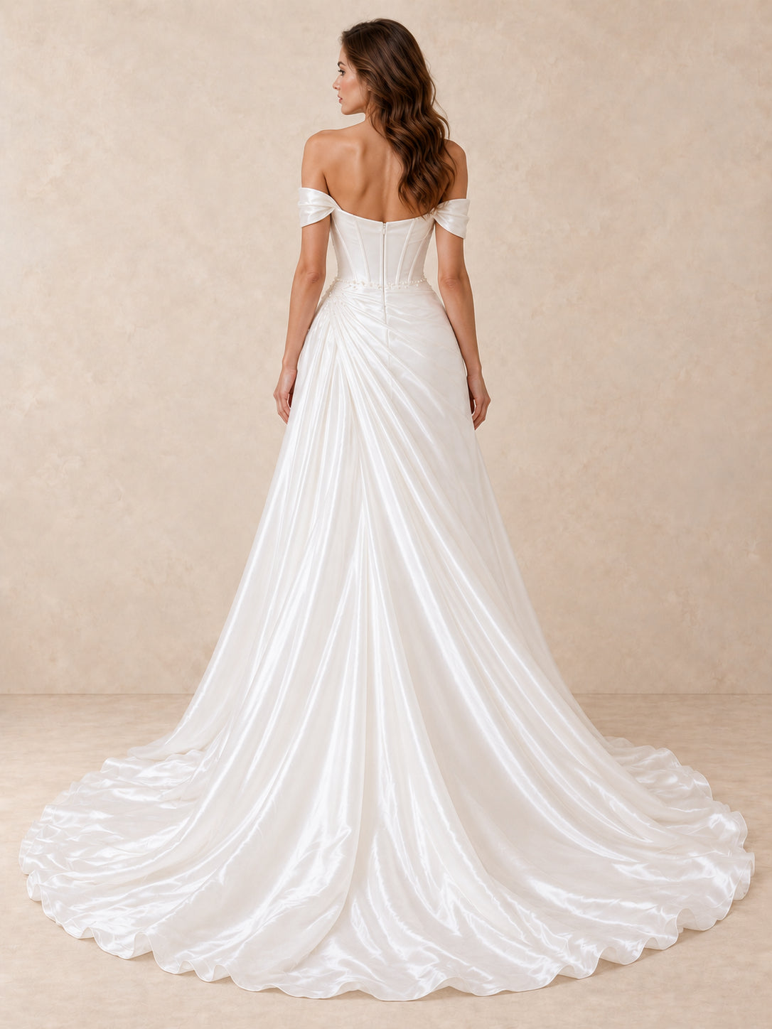 Off-the-Shoulder Satin Wedding Dress with Pearl Waist Detail and Sweeping Train