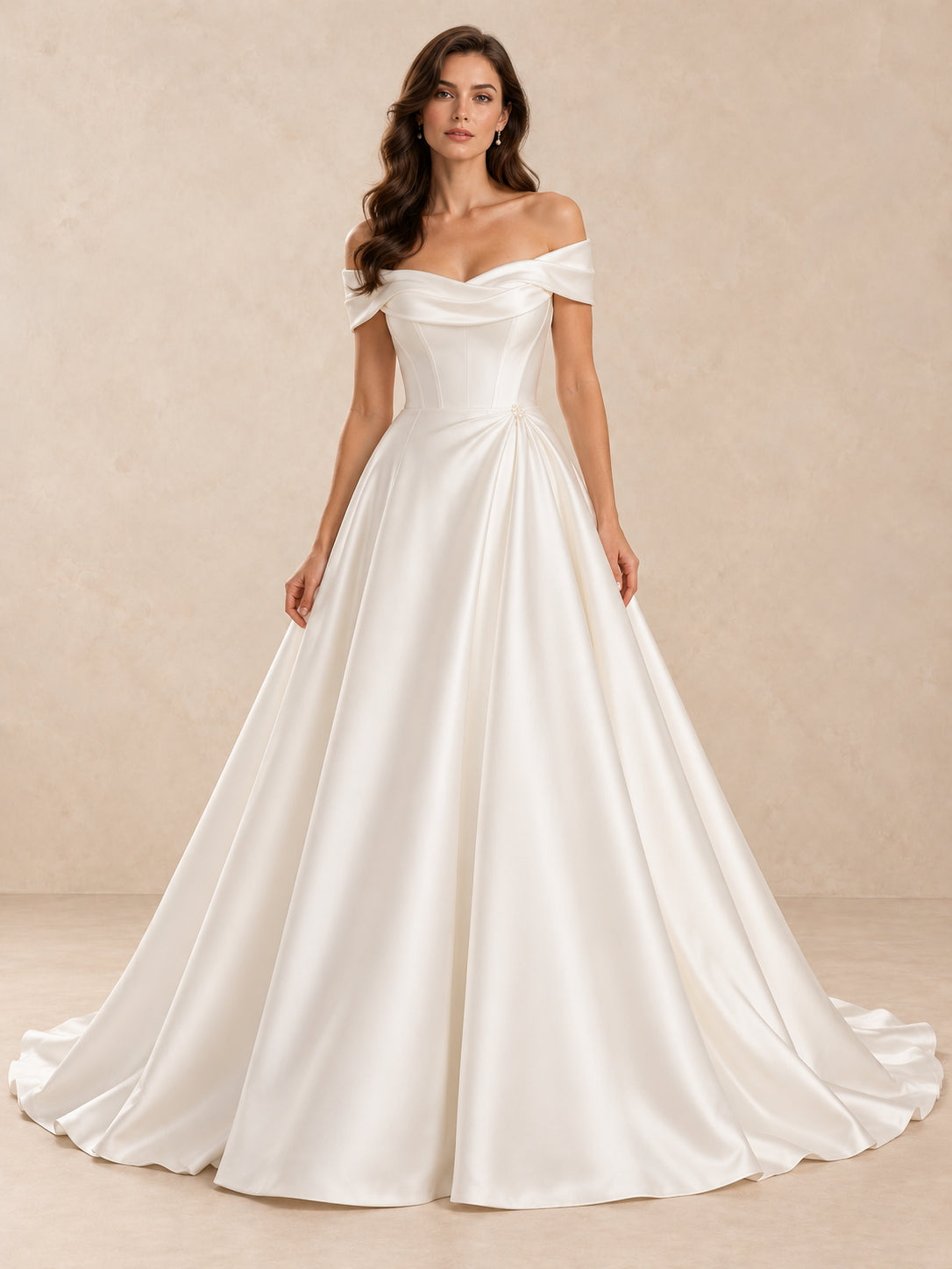 Off-the-Shoulder Satin Wedding Dress with Subtle Pearl Accents
