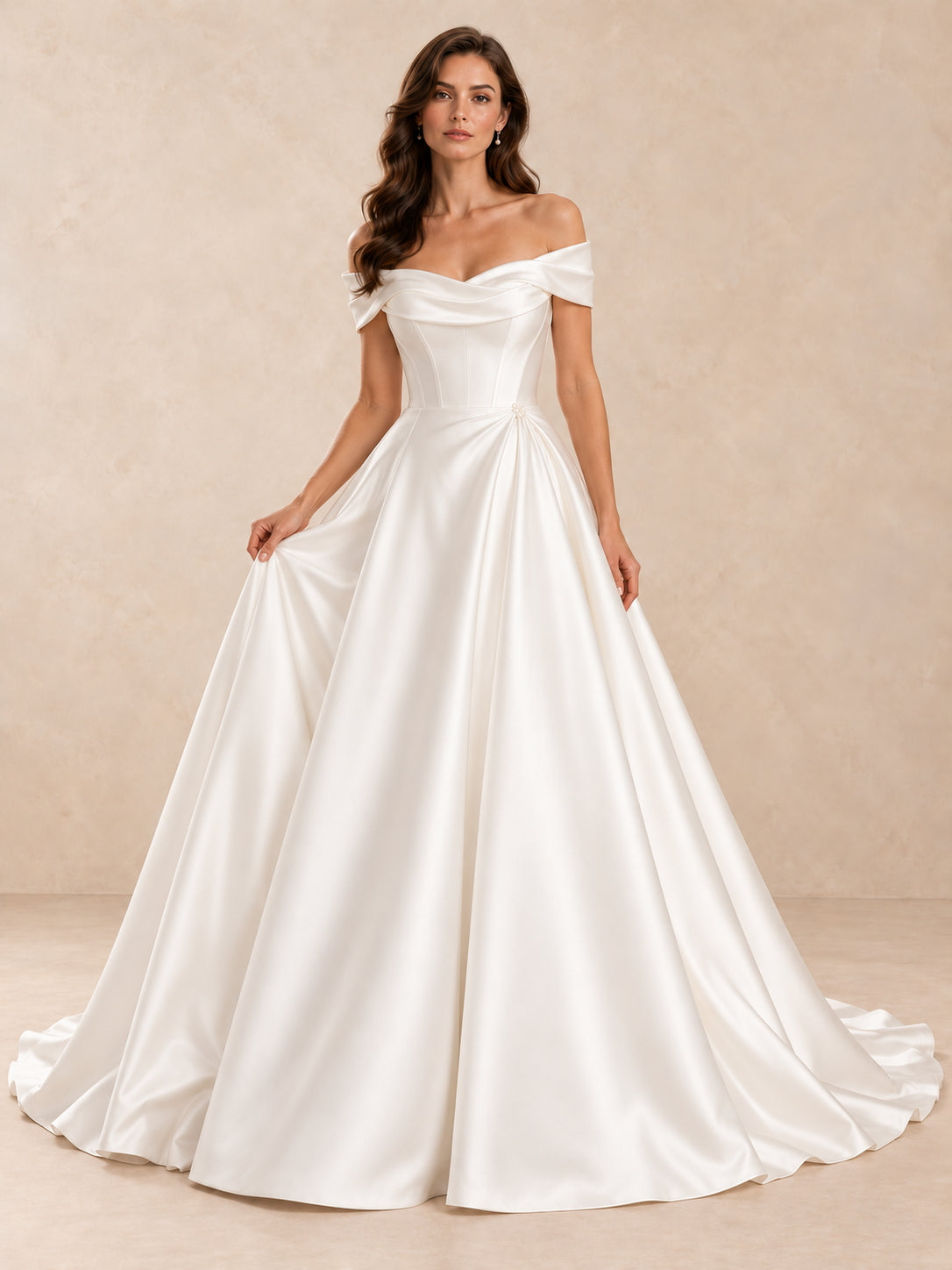 Off-the-Shoulder Satin Wedding Dress with Subtle Pearl Accents
