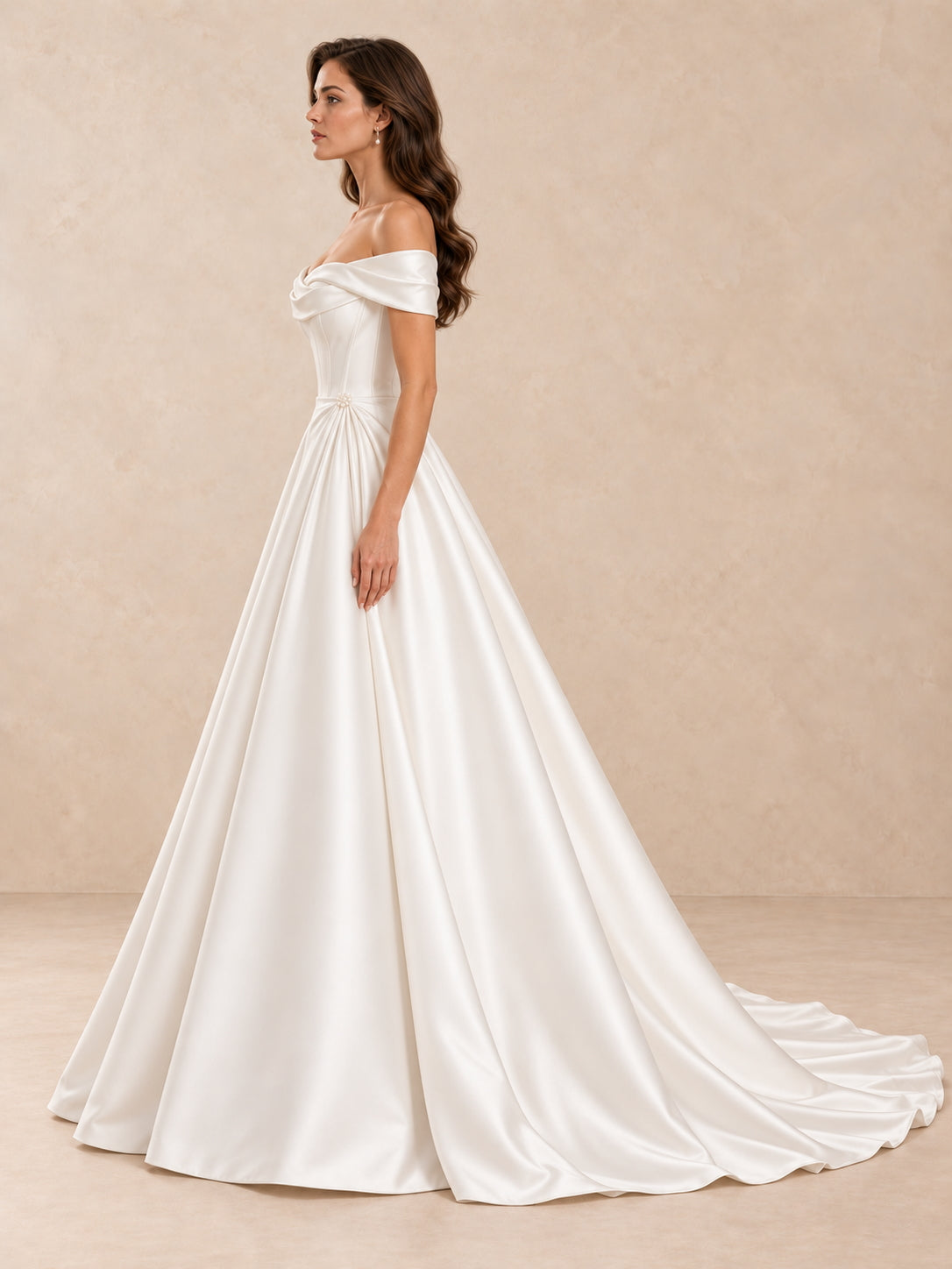 Off-the-Shoulder Satin Wedding Dress with Subtle Pearl Accents