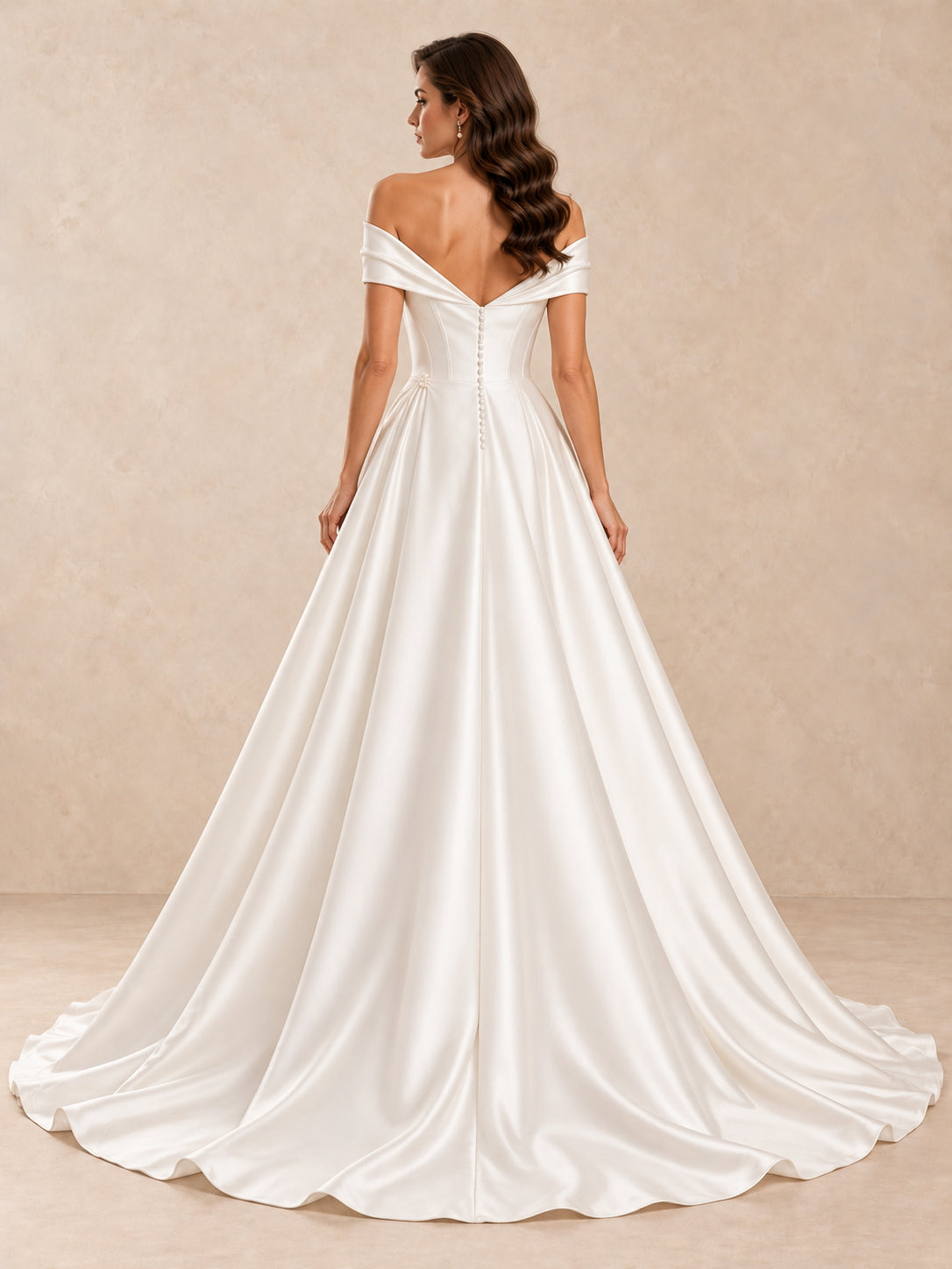 Off-the-Shoulder Satin Wedding Dress with Subtle Pearl Accents