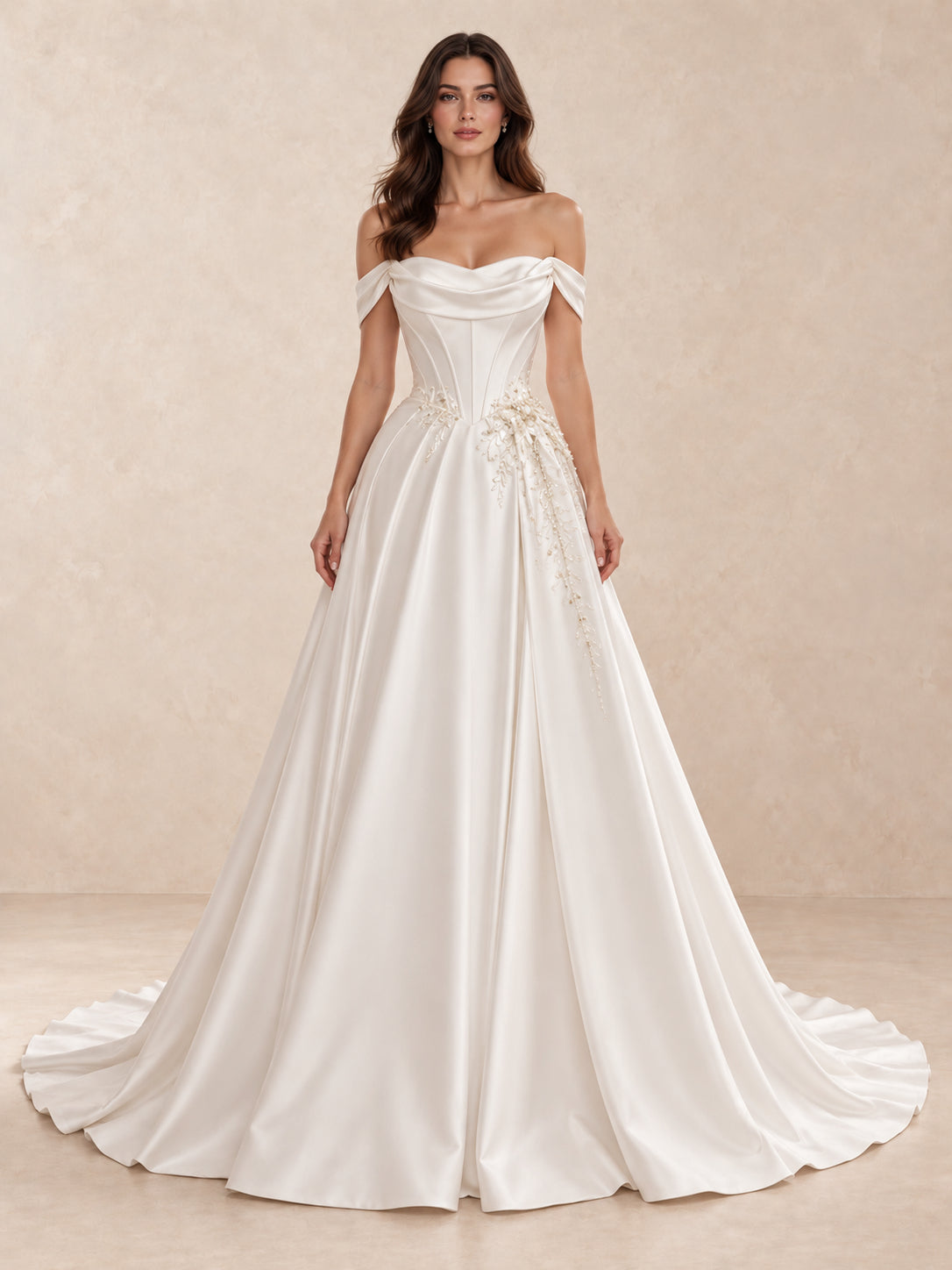 Off-the-Shoulder Satin Wedding Dress with Vine Embroidery