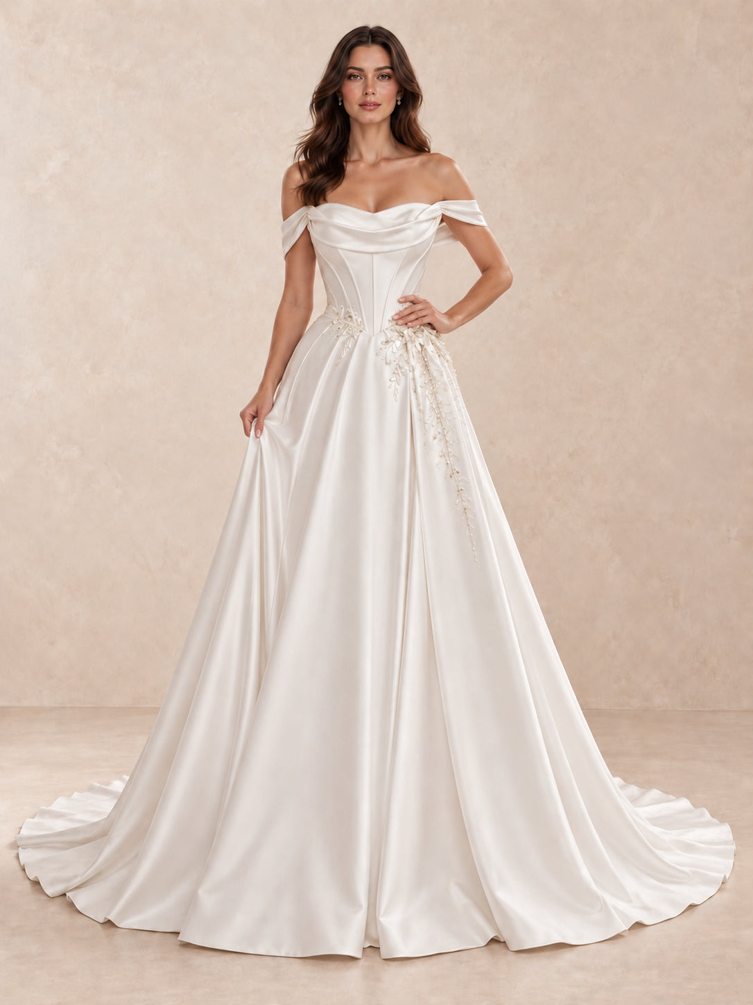 Off-the-Shoulder Satin Wedding Dress with Vine Embroidery
