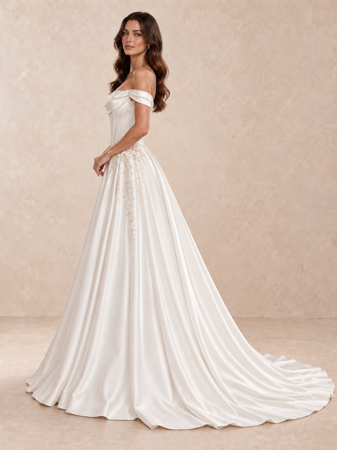 Off-the-Shoulder Satin Wedding Dress with Vine Embroidery